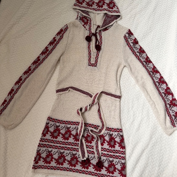 Boho Knit Hooded Tunic XS S Nordic Fair Isle Sweater Dress - Picture 3 of 7
